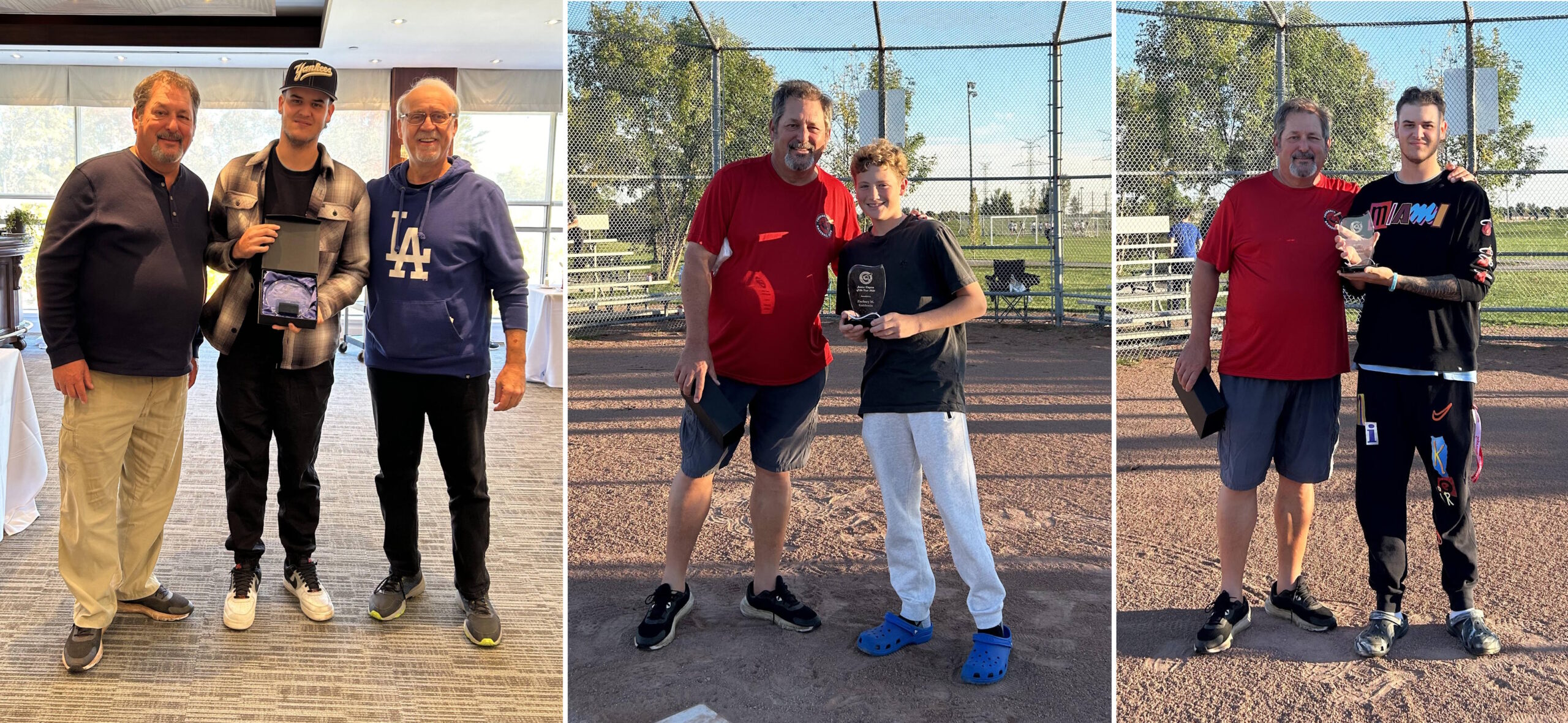 L to R - YSBA Sr. Umpire of the Year Jeremy Benayon (flanked by Paul Chapley and Club President Tony Selina) TBC Sr | TBC Jr Umpire of the Year Zachary M. Goldstein | TBC Sr Umpire of the Year Jeremy Benayon